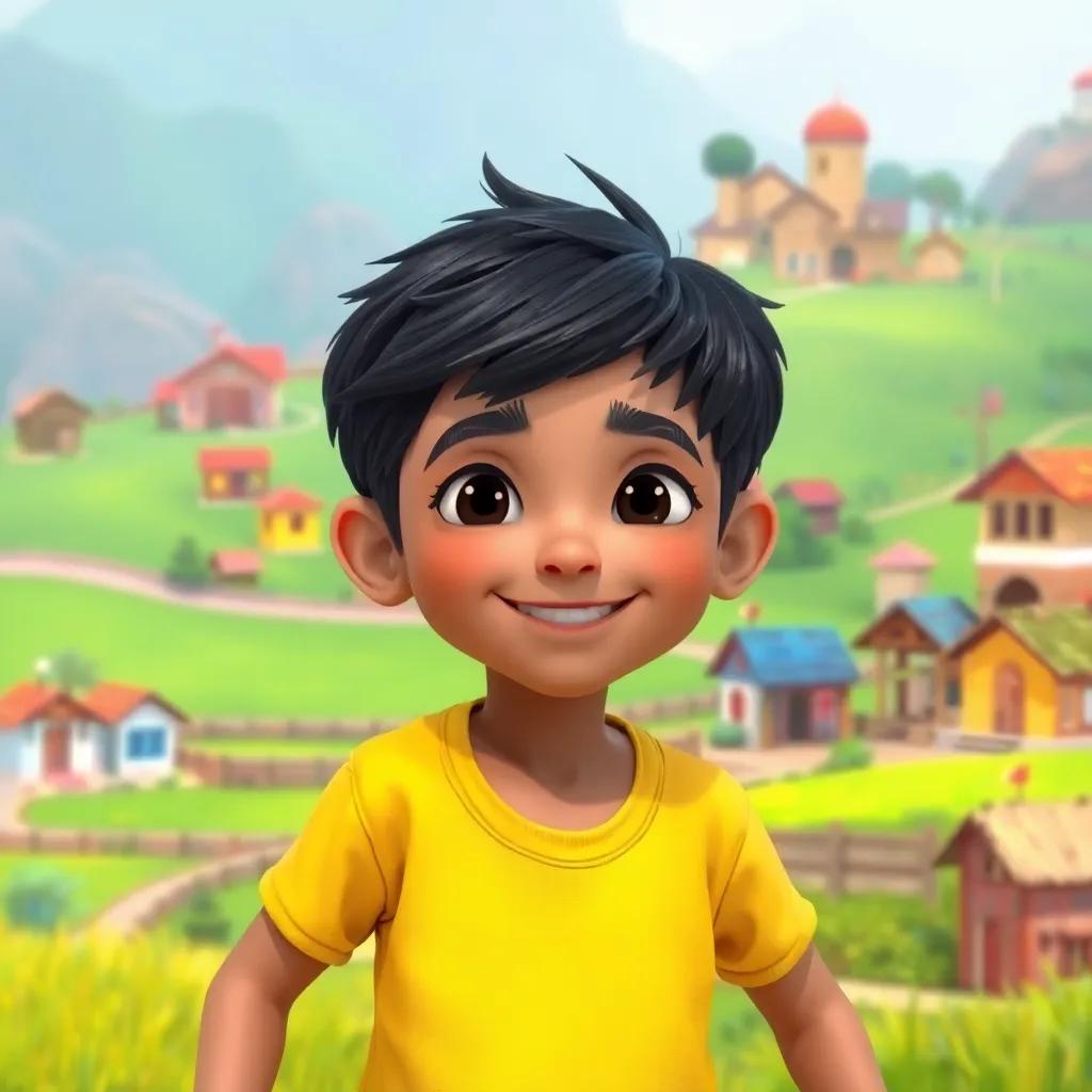 A young Arab boy, Sami, with short black hair and a bright yellow shirt, playing in a small village with green fields and colorful houses, cheerful atmosphere, digital art, vibrant colors, inviting scene, high quality