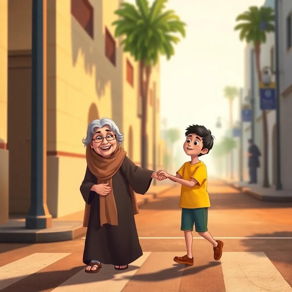 An elderly Arab woman smiling with gray hair, wearing a traditional abaya, crossing a street with the help of Sami, a young Arab boy in a bright yellow shirt, warm light, heartwarming interaction, detailed illustration, uplifting moment