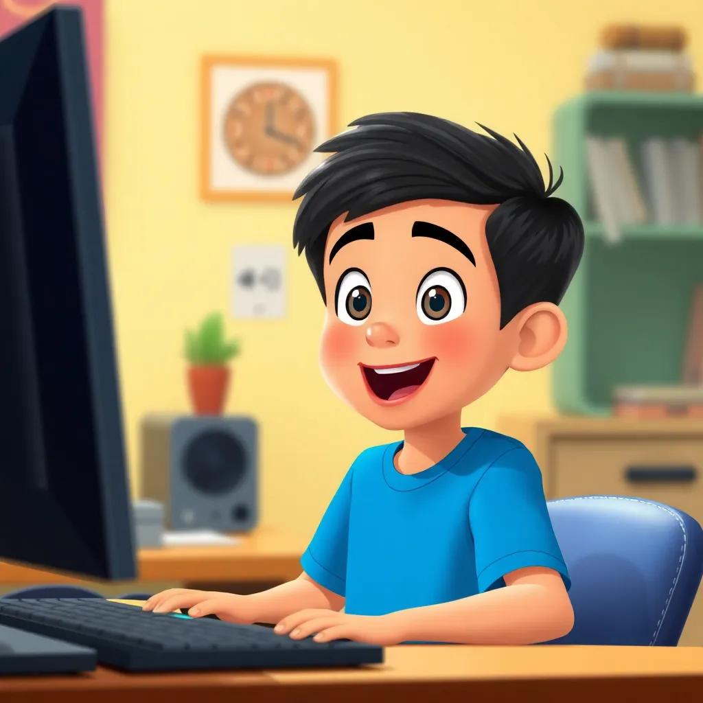 A young Arab boy, Sami, with short black hair, wearing a blue t-shirt, sitting at a computer desk, looking excited, vibrant colors, joyful atmosphere, digital art, child-friendly