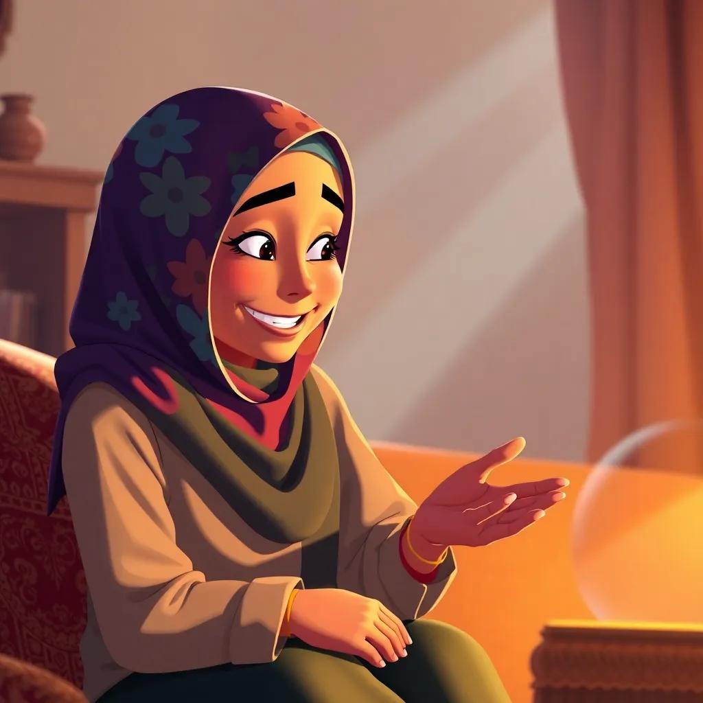 Sami's mother, a Middle-Eastern woman, in her early 30s, wearing a colorful hijab and a smile, sitting next to him, explaining things with care, warm light, inviting atmosphere, illustration