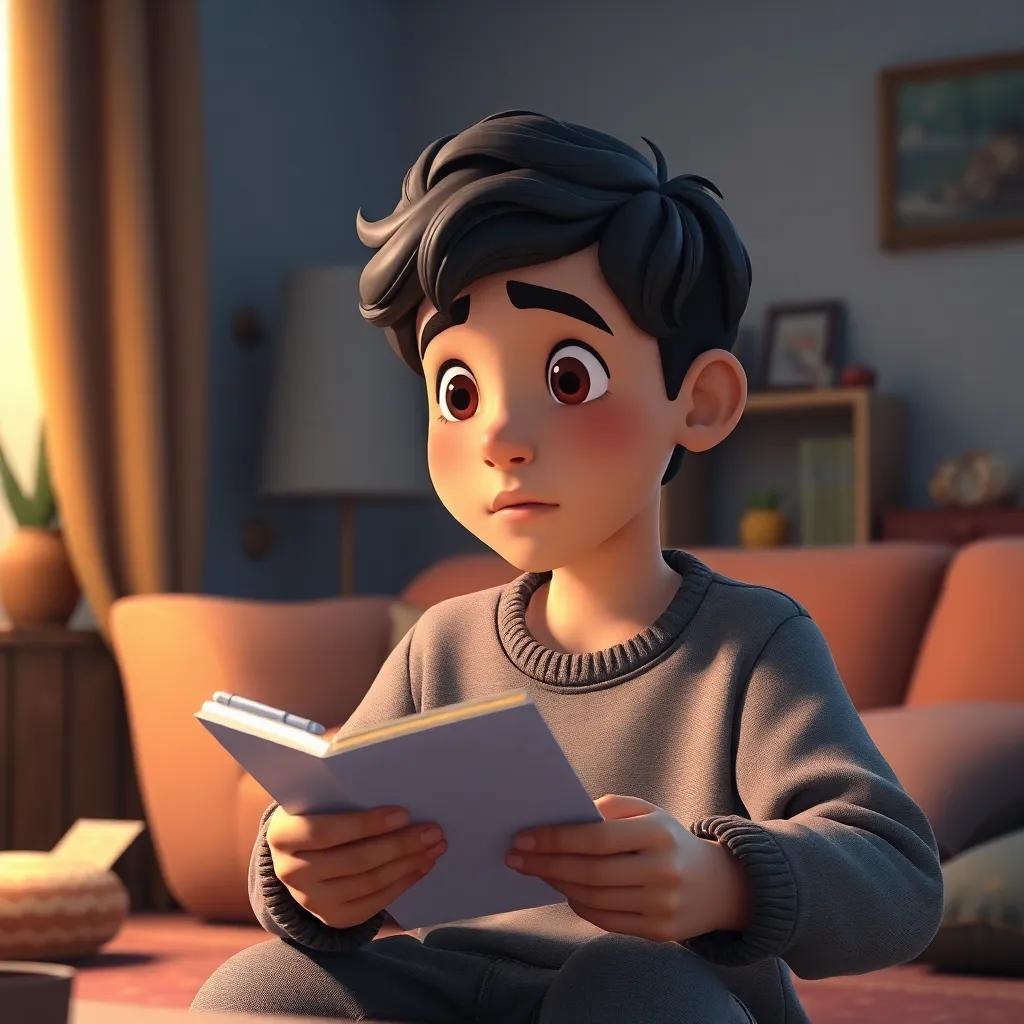 Sami listening intently, with a notebook and pen in his hands, under soft lighting, illustrating a cozy home environment, realistic, educational