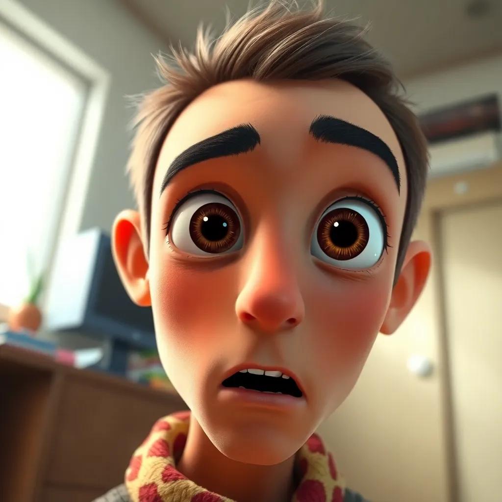 A close-up of Sami's face, looking curious, surprised with wide eyes, in a bright room, showcasing his emotions vividly, colorful, engaging, digital painting