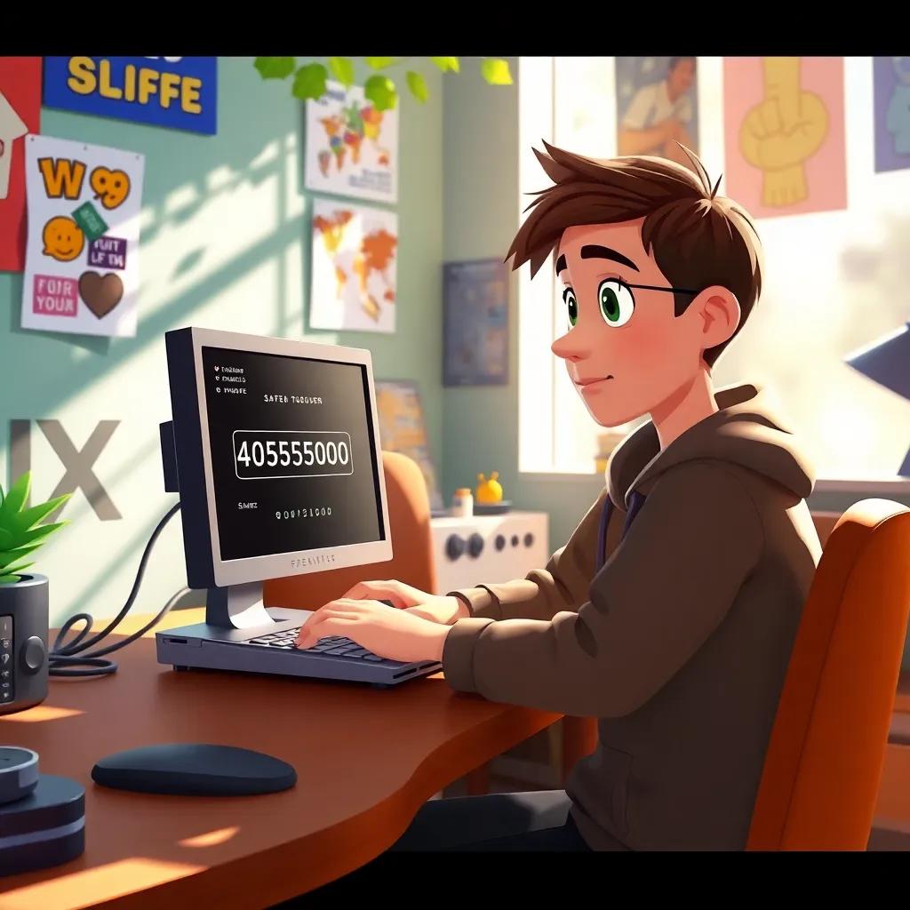 Sami typing a strong password on his computer, focused and determined, surrounded by fun posters and gadgets, dappled sunlight, emphasizing a safe gaming environment, vibrant colors, child-friendly