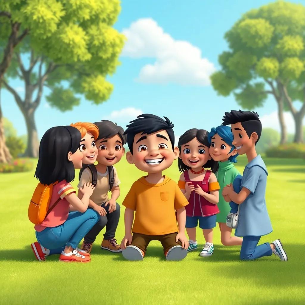 Sami's friends gathered around him, smiling, with happy expressions, in a park with green grass and a blue sky, discussing safety tips, cheerful, community-focused
