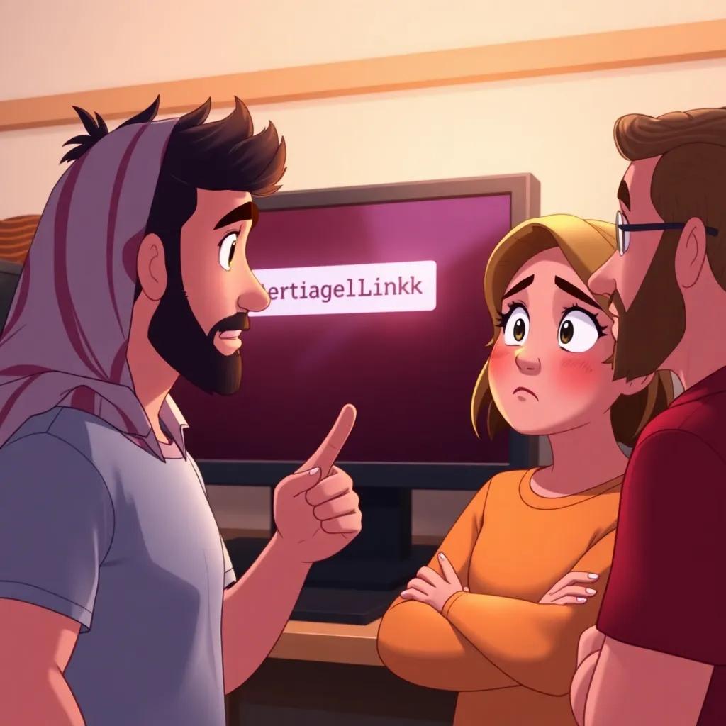 Sami pointing at a strange link on a screen, with concerned expressions on his friends' faces, conveying the importance of awareness, bright light, storytelling view, illustration