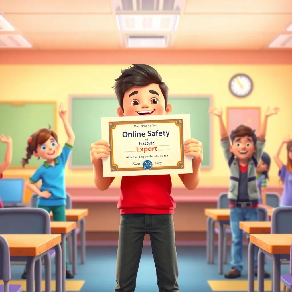 Sami standing proud with a certificate of 'Online Safety Expert' in his hands, with friends celebrating, in a colorful classroom, uplifting, warm colors, inviting atmosphere