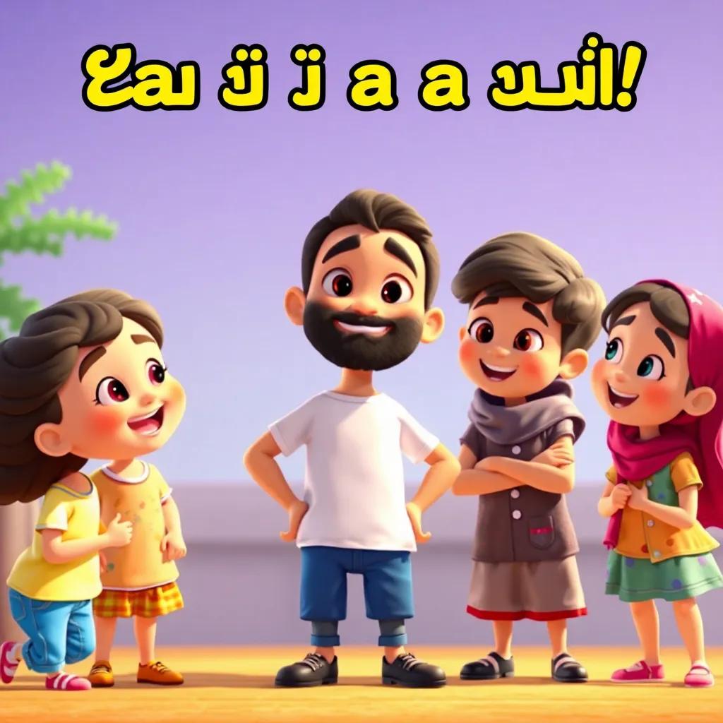 Sami saying confidently, 'الأمان على الإنترنت مهم جدًا!' with friends agreeing, in a vibrant setting, showcasing a group of happy children, digital art, joyful
