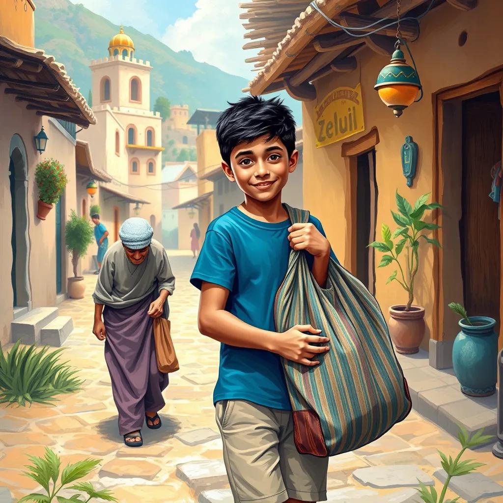 A young Arab boy, Sami, with short dark hair, wearing a blue t-shirt and beige shorts, helping an elderly man carry a heavy bag in a beautiful village, cheerful atmosphere, digital art, warm colors, welcoming scenery, high quality