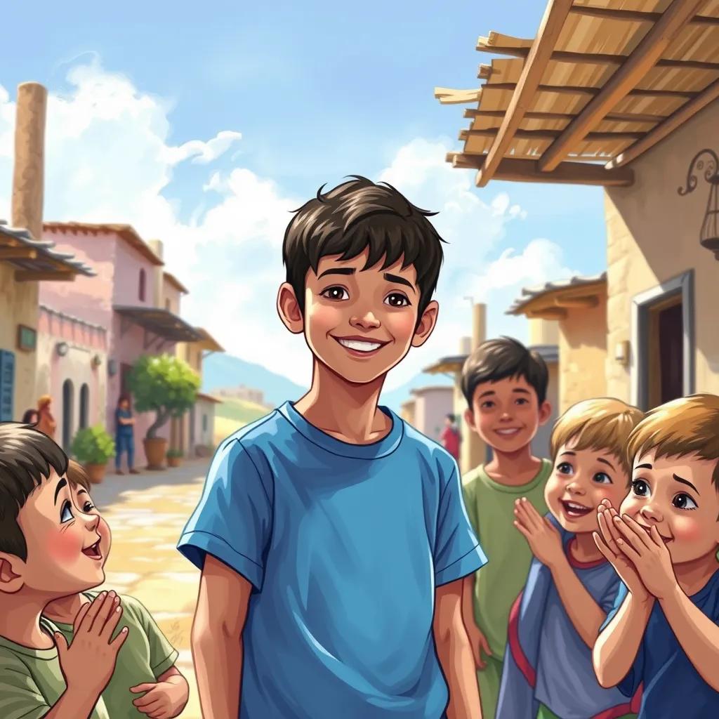 Sami, a young Arab boy with short dark hair in a blue t-shirt, smiling and receiving praise from village children, bright daylight in a lovely village square, happy expressions, illustration, vibrant colors, child-friendly