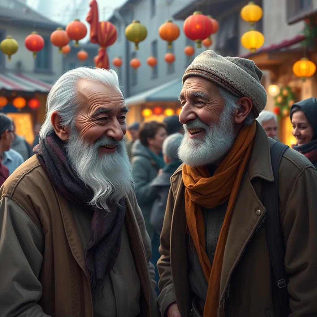 An elderly man, with a kind face and white beard, sharing a moment with Sami in the village square, everyone around is smiling, joyful celebration beginning, colorful decorations around, digital painting, warm lighting, festive