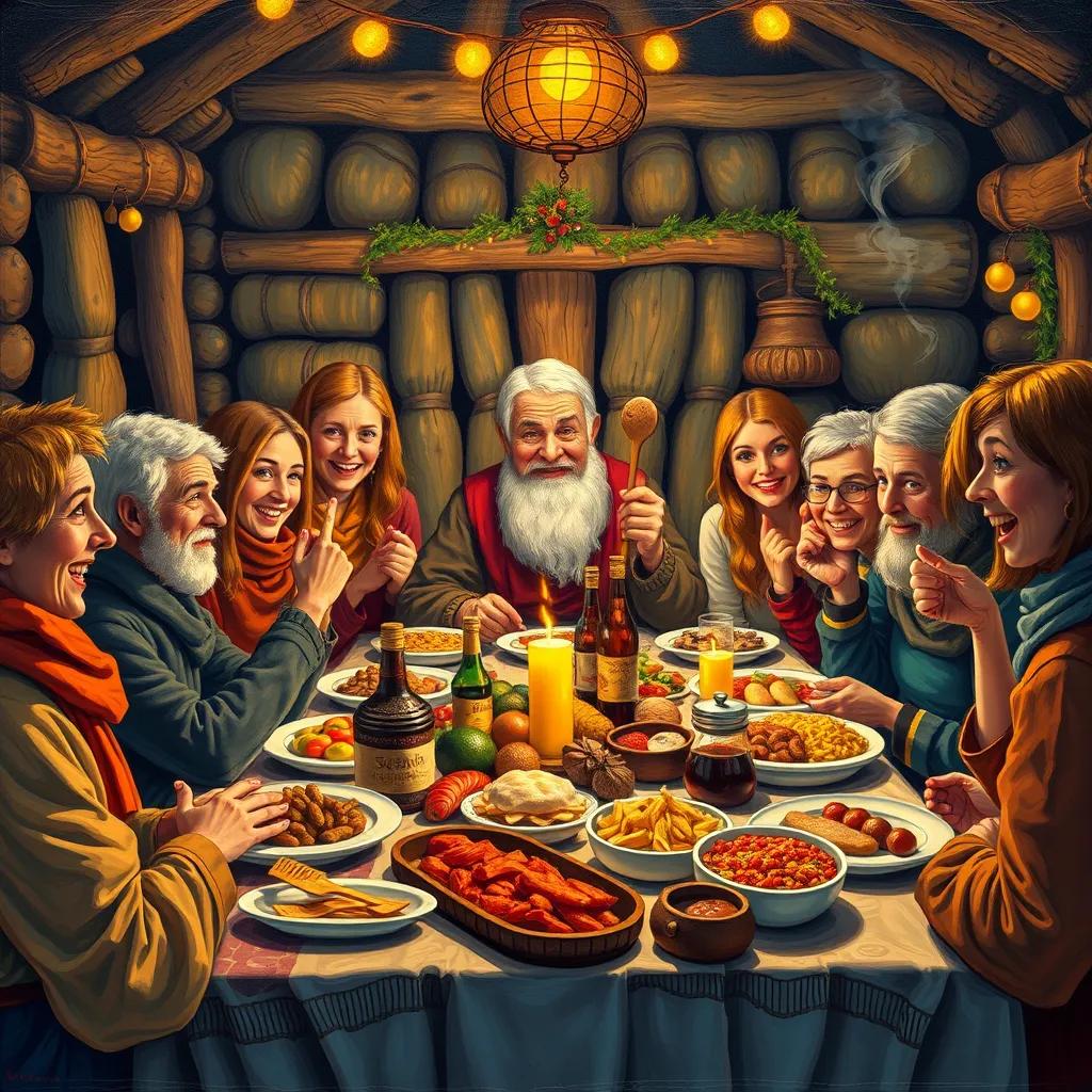 Sami surrounded by various village people at a dinner table filled with delicious food, laughter and joy in the air during the nightly festivities, illustration, festive colors, heartwarming scene, high quality