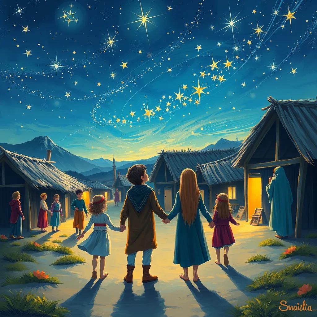 The village at night, with stars shining and everyone in harmony, Sami holding hands with friends as they look up at the sky, calm and peaceful atmosphere, digital art, soft light, serene background, high quality