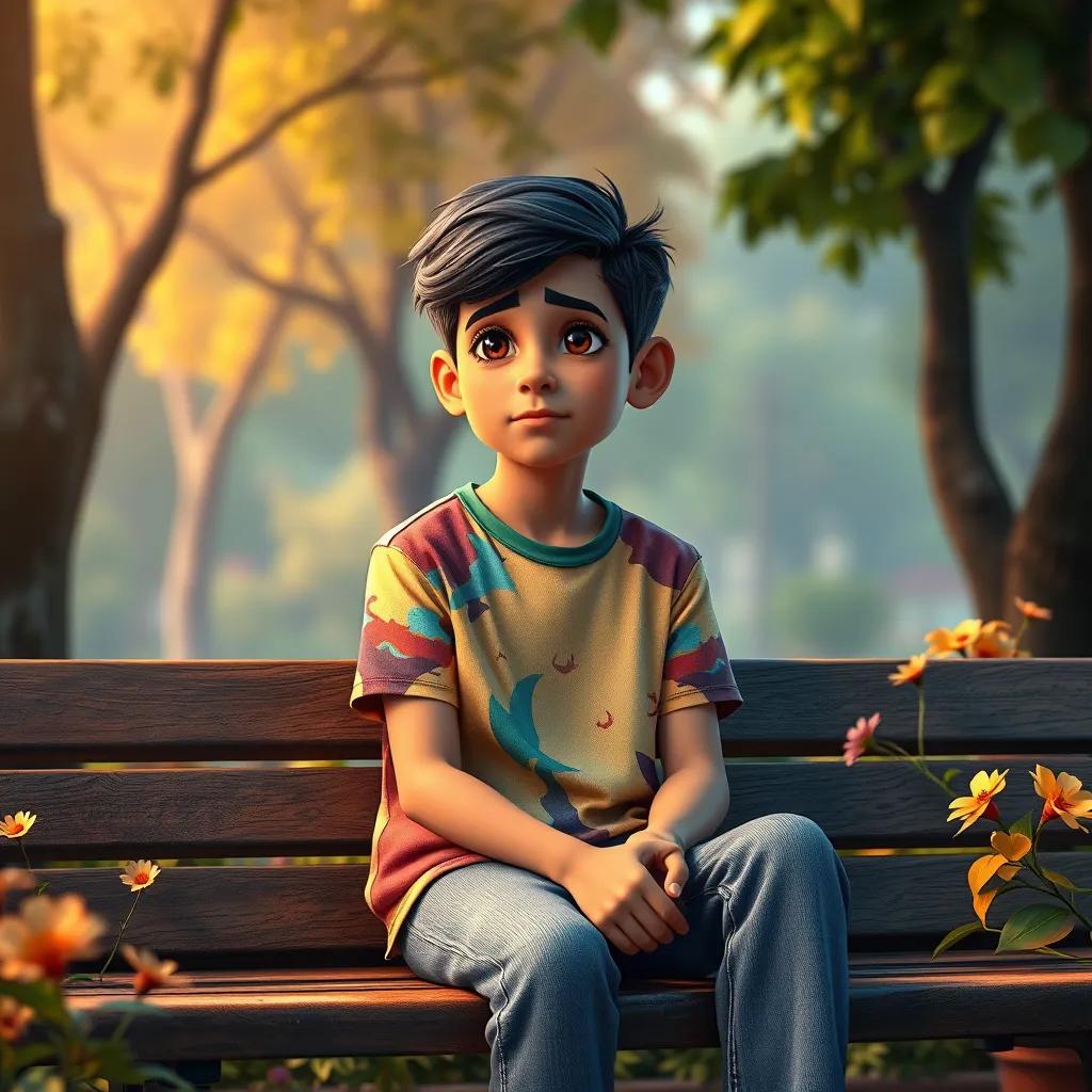 A young Arab boy, Sami, with short black hair, wearing a colorful t-shirt and jeans, sitting on a bench looking sad, surrounded by trees and flowers, digital art, colorful, warm light, inviting atmosphere, high quality