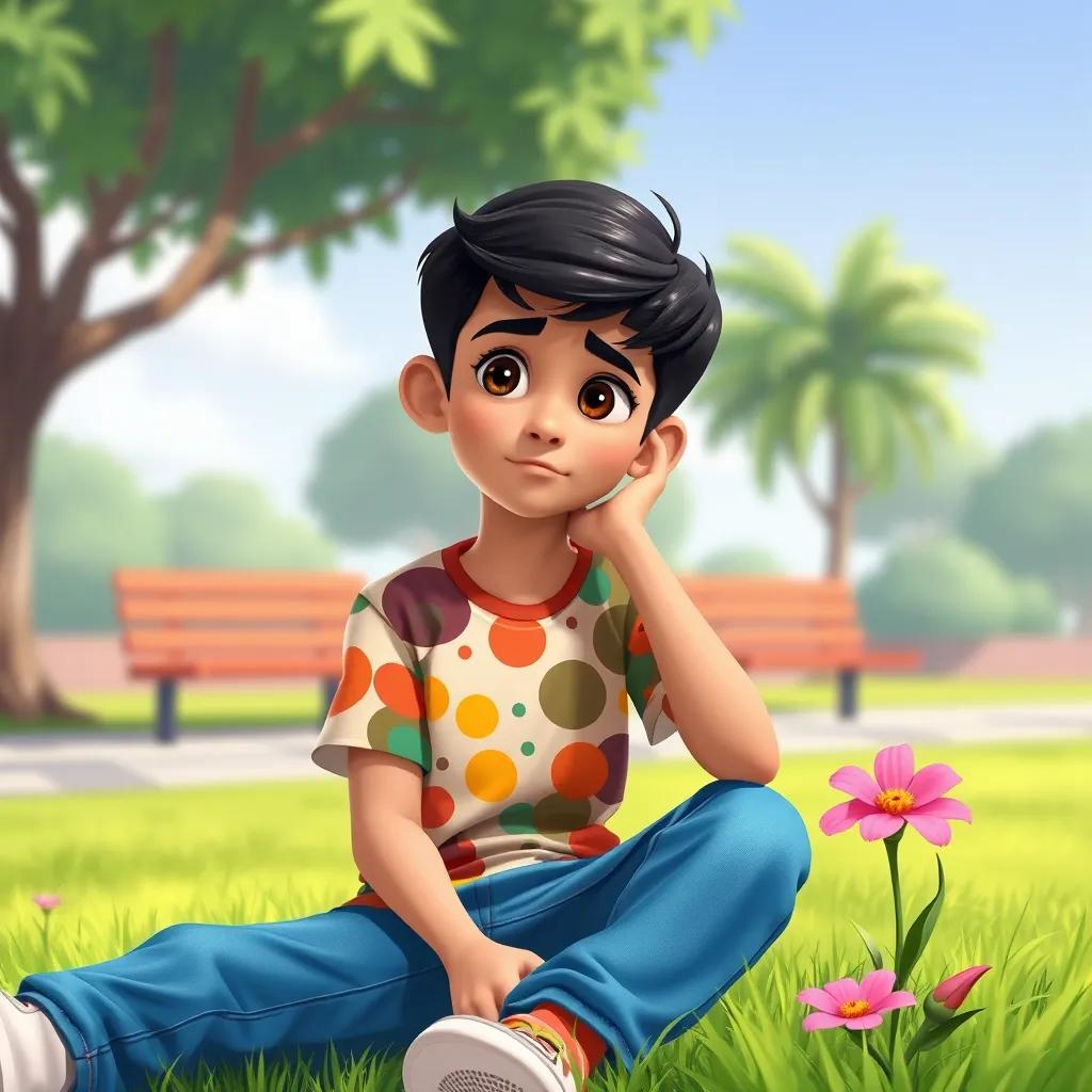 Sami, a young Arab boy with short black hair wearing a colorful t-shirt and jeans, thinking with a concerned look, sitting on the grass in a park, looking at a flower, detailed illustration, bright colors, calm setting, heartwarming