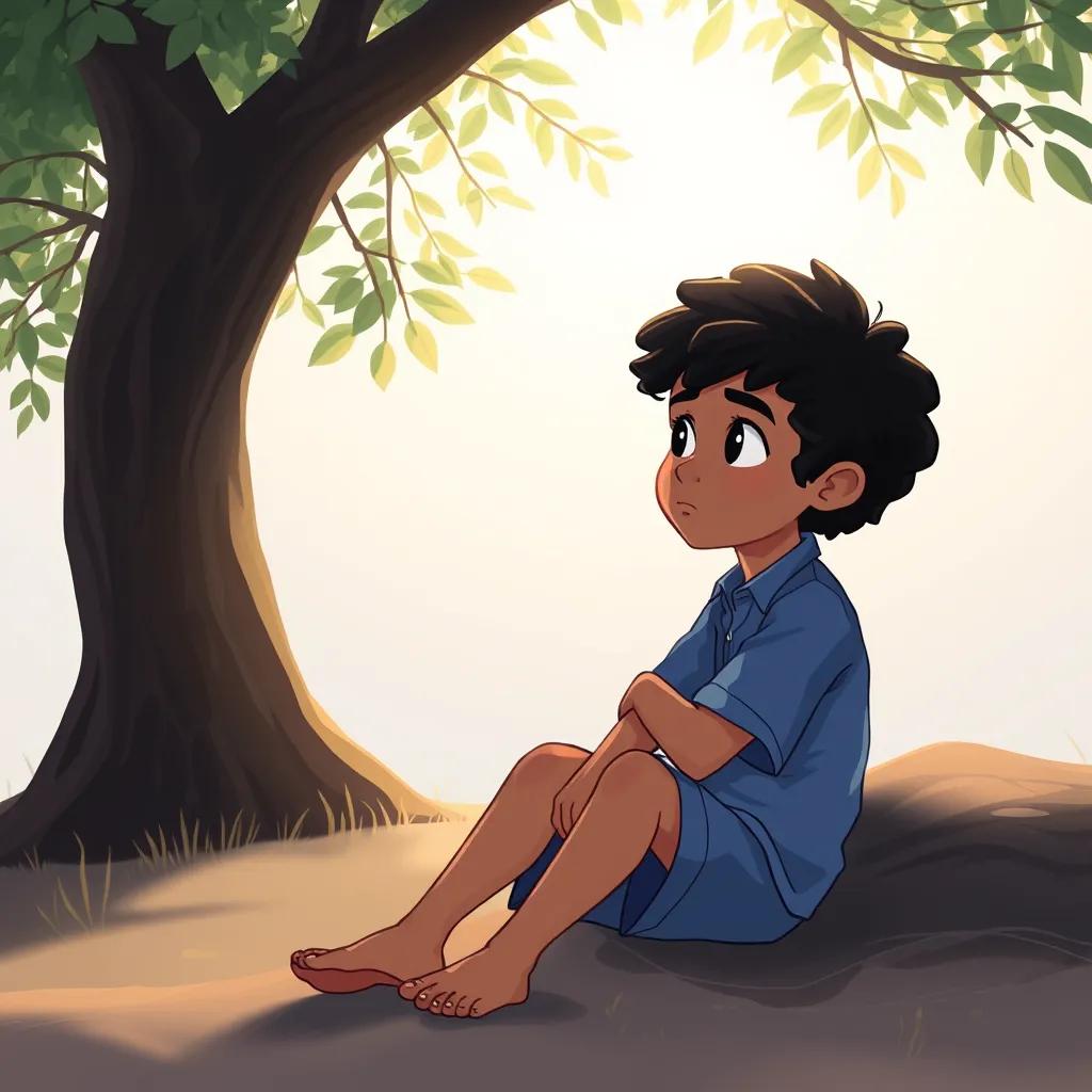 Kareem, a young Arab boy, with curly black hair, wearing a blue shirt and shorts, sitting under a tree looking thoughtful, after feeling hurt, peaceful atmosphere, soft light, illustration, emotional depth, child-friendly