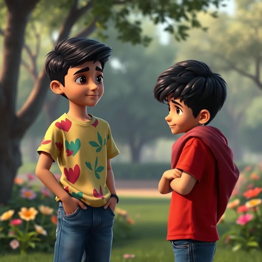 Sami, a young Arab boy with short black hair in colorful t-shirt and jeans, standing in front of Kareem, saying sorry with a sincere expression, park background with flowers, detailed digital art, inviting colors, emotional approach, high quality