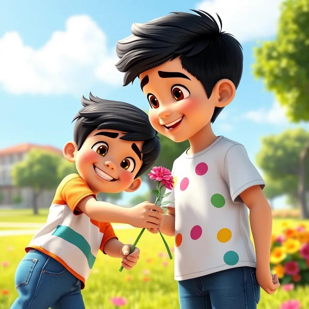 Sami, a young Arab boy with short black hair wearing a colorful t-shirt and jeans, handing a flower to Kareem, both smiling, in a bright park with sunshine and blue sky, cheerful scene, vibrant colors, heartwarming resolution, child-friendly