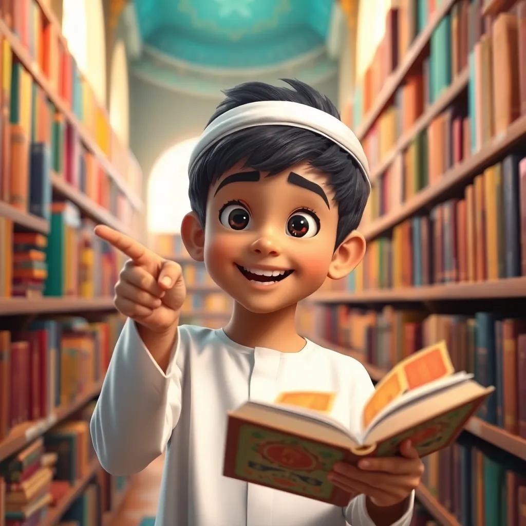 Rami, a young Arab boy with short black hair in a white thobe, excitedly pointing at a colorful book in a library filled with Arabic literature and history, colorful shelves, warm light, inviting environment, high detail