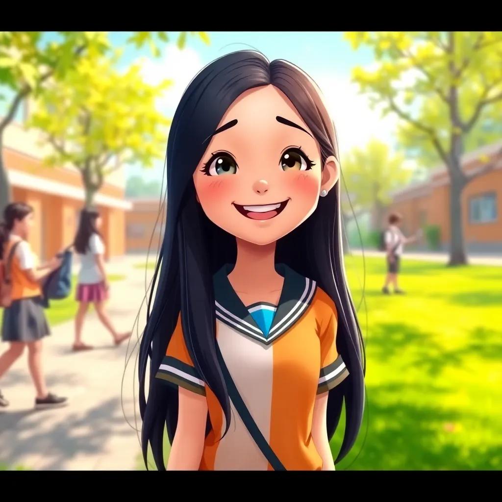 A cheerful girl, Leila, with long black hair, wearing a colorful school uniform, smiling and chatting with her friends under the sun, bright schoolyard with green grass, digital art, cheerful, vibrant colors, warm atmosphere, high quality