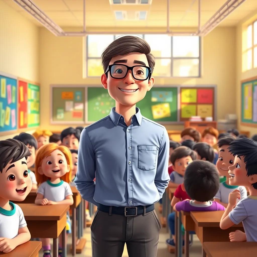 A friendly teacher, a middle-aged man with glasses, wearing a smart shirt and pants, standing in front of a classroom full of eager students, colorful posters on the walls, warm sunlight streaming through the windows, illustration, engaging, bright classroom, child-friendly, high quality