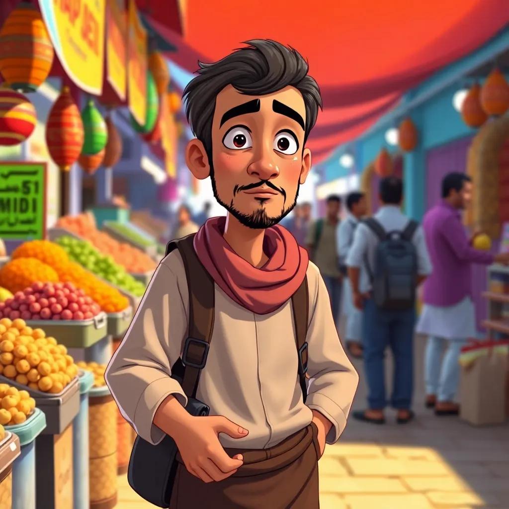 A frugal man named Hamid, middle-eastern, wearing simple clothes standing at a busy market, holding a small coin purse, looking hesitant, digital art, vibrant colors, everyday life, engaging scene