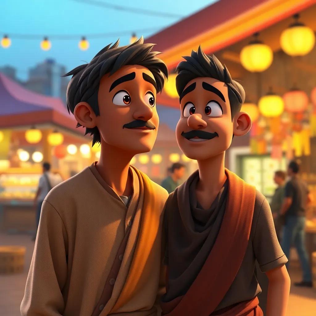 Hamid, a middle-eastern frugal man in simple clothes, contemplating next to a friendly friend Sammy, animated storytelling style, warm light, colorful marketplace in the background, friendly atmosphere, emotional connection