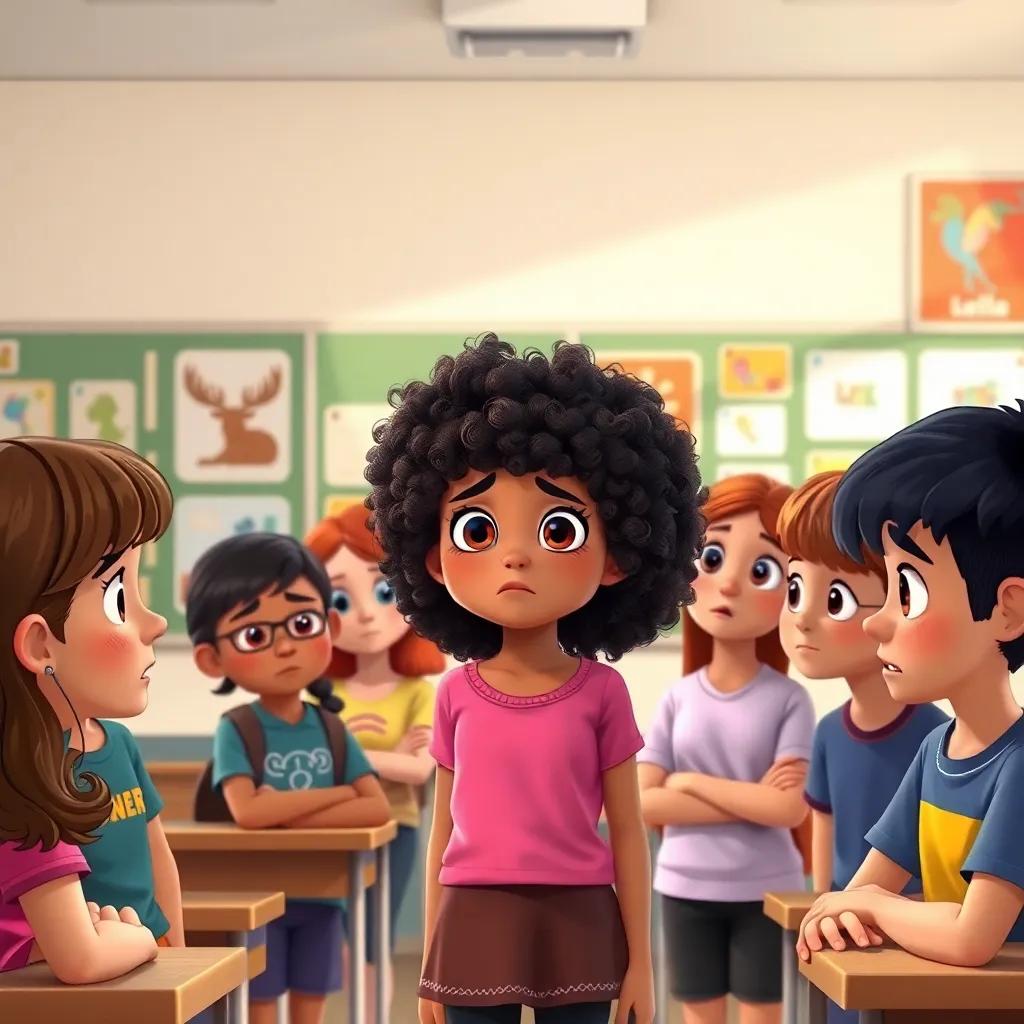 Leila, a young girl with curly hair, standing in a classroom with her friends, discussing together with worried expressions, colorful posters on the walls, friendly, illustration, inviting atmosphere