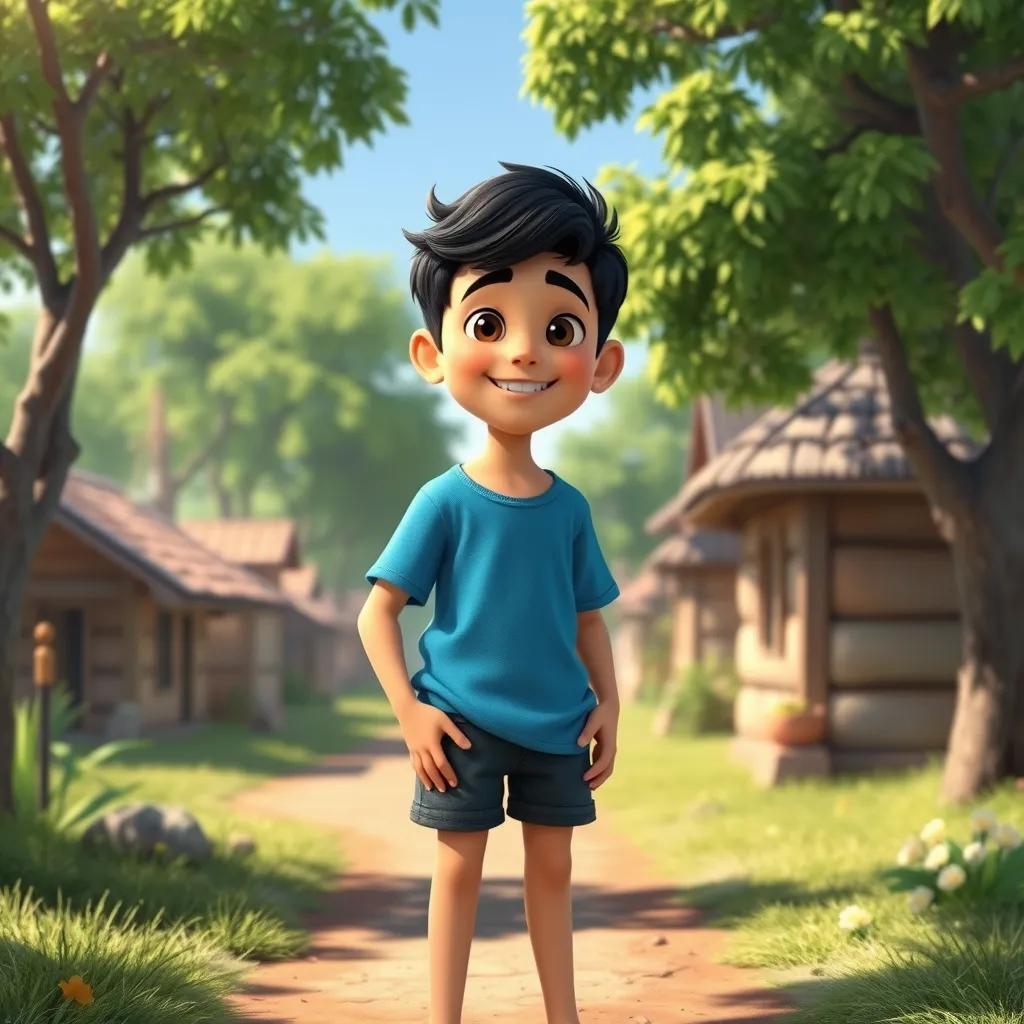 A young Arab boy, Timur, with short black hair, wearing a blue t-shirt and shorts, smiling in a peaceful village with green trees, digital art, bright colors, cheerful atmosphere, high quality