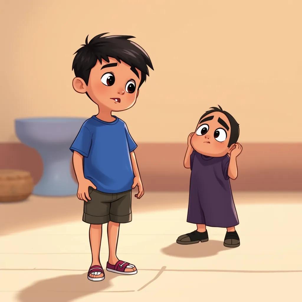 Timur, a young Arab boy with short black hair in a blue t-shirt and shorts, standing up after falling, looking at his friend Omar, who appears worried, illustration, friendly, warm scene, high quality