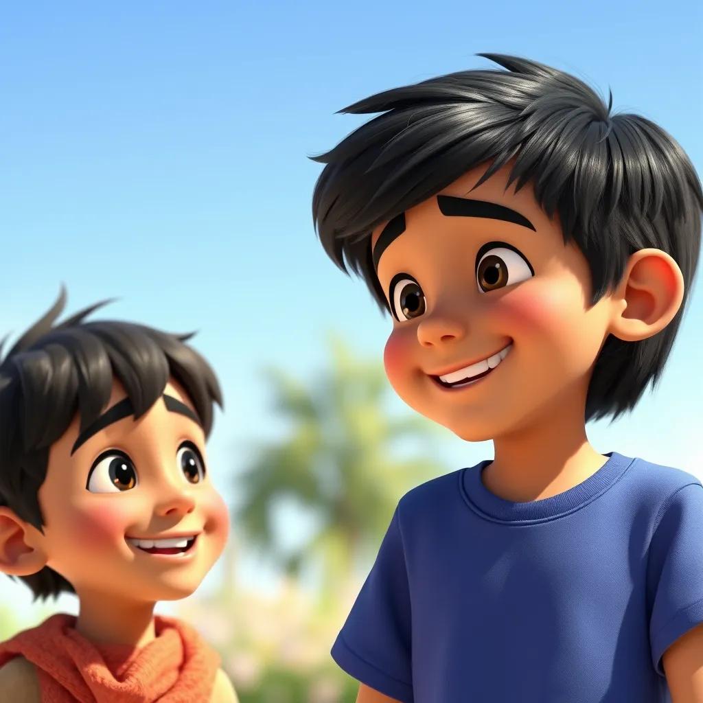 Timur, a young Arab boy with short black hair in a blue t-shirt, smiling at Omar, who is apologizing, under a clear blue sky, colorful, joyful setting, heartwarming, high quality