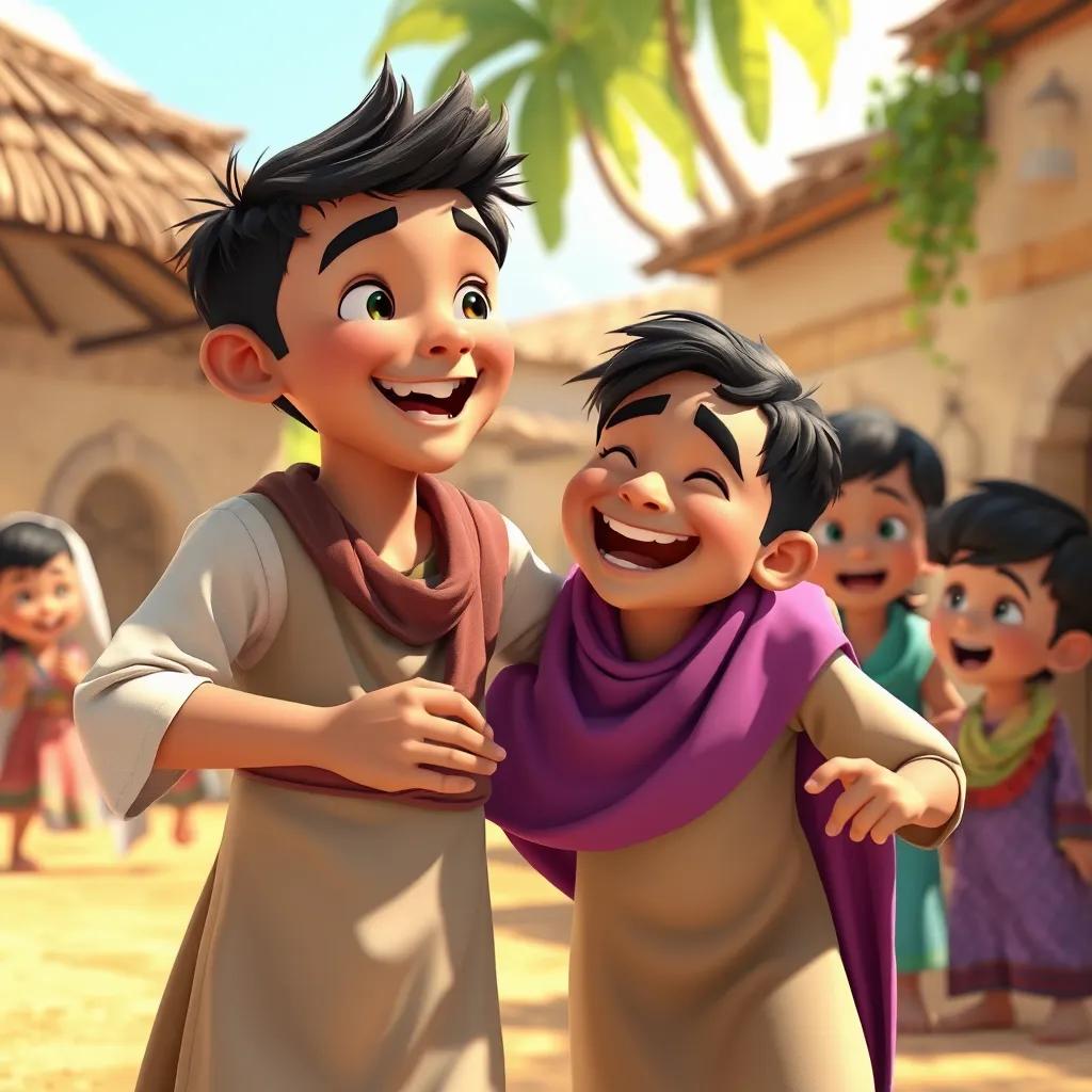 Timur, a young Arab boy with short black hair, and Omar playing together, laughing with other children in a sunny village, joyful and colorful, happy scene, fantasy, high quality
