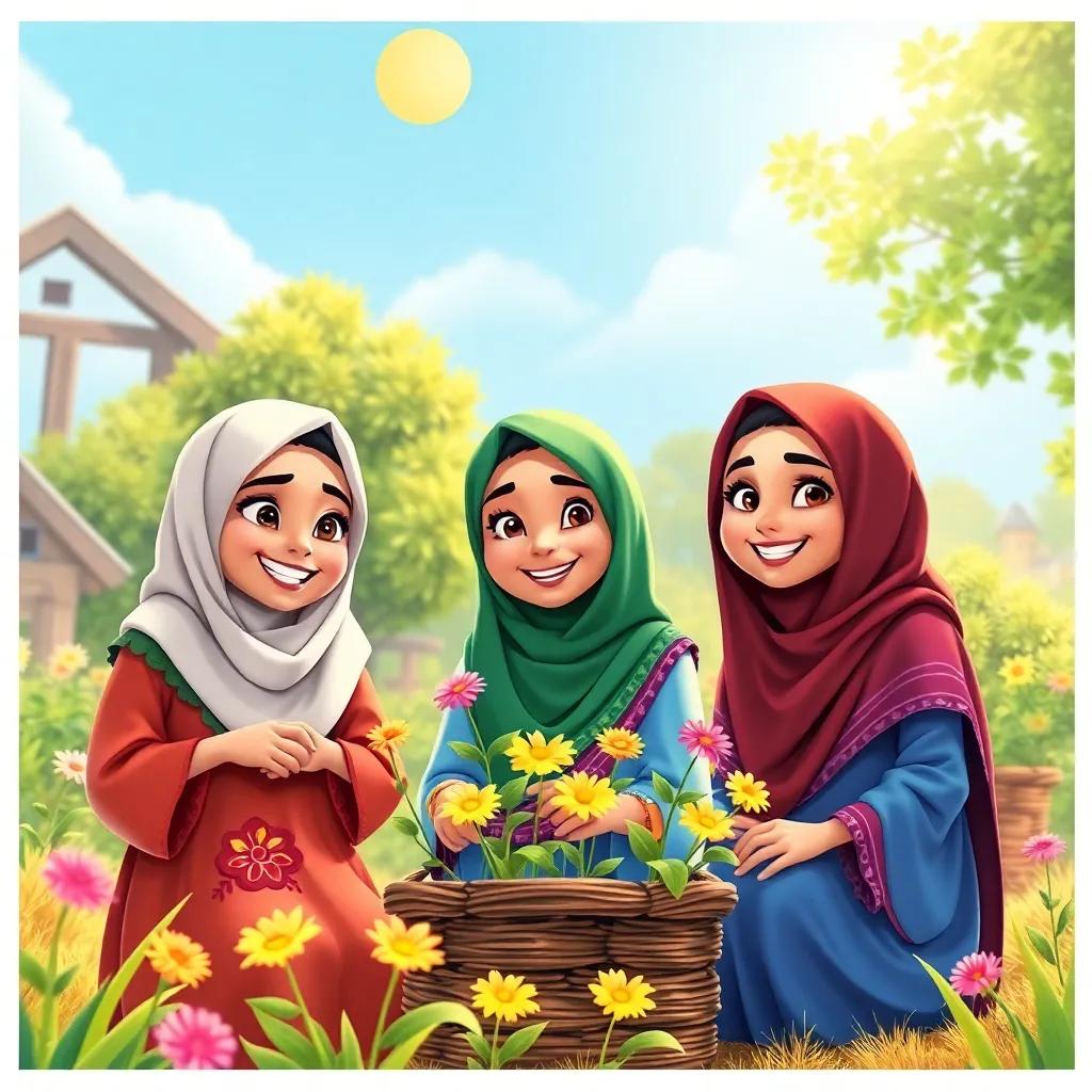 In a small village, three friends: Layla, Mariam, and Fatima, are smiling and planning to build a beautiful garden for children under a bright sun, cheerful expressions, bright colors, digital art, warm and inviting atmosphere, high quality