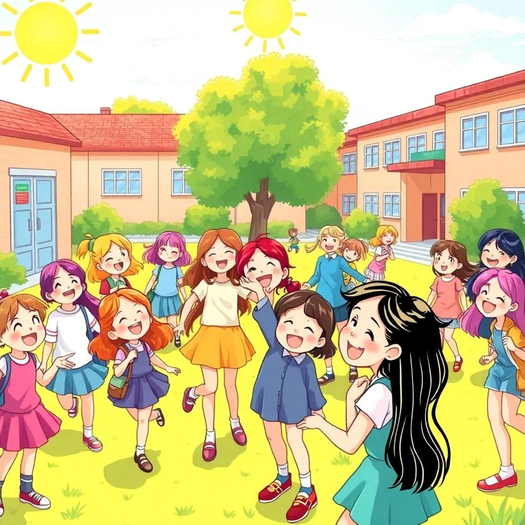 A bright sunny schoolyard filled with girls playing together, diverse group of girls, smiling and laughing, vibrant colors, joyful atmosphere, high quality