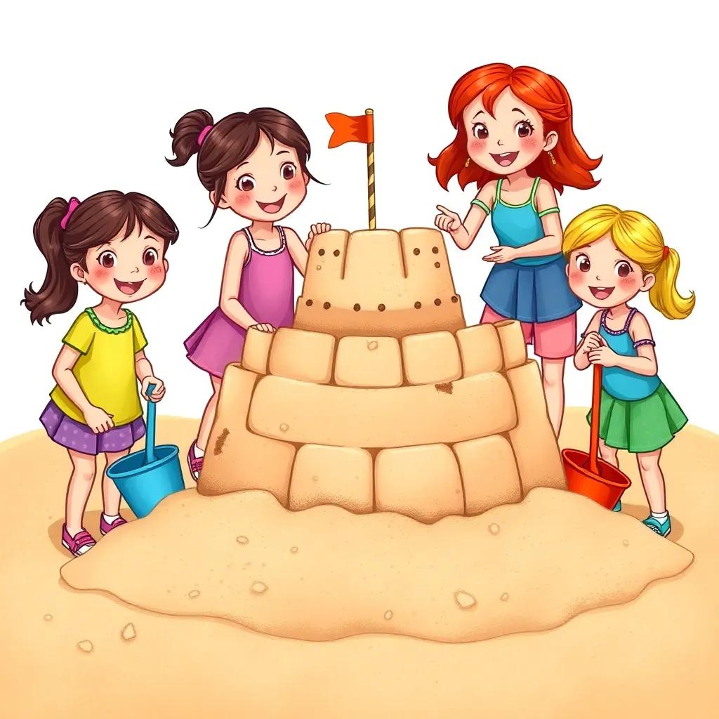 A group of girls building a huge sandcastle together, colorful buckets and shovels, teamwork depicted, happy expressions, soft sandy texture, high detail