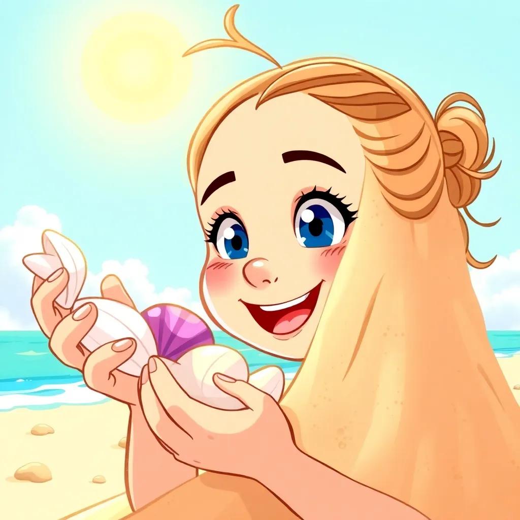 A close-up of a girl holding shells, excited about decorating the sandcastle, bright sunny day, tropical beach vibes, vibrant colors, cheerful mood, high resolution