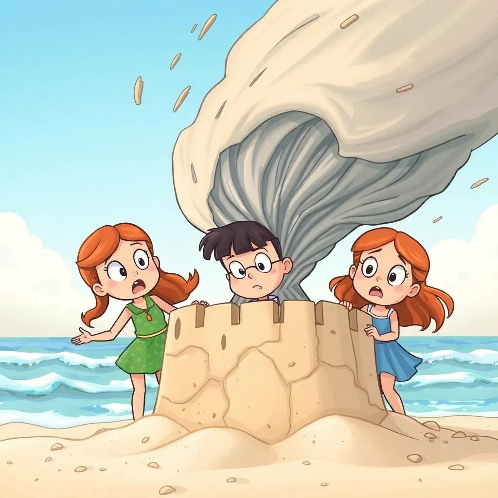 A gust of wind blowing through their sandcastle, girls looking surprised and worried, strong wind effect, dynamic scene, animated style, high quality