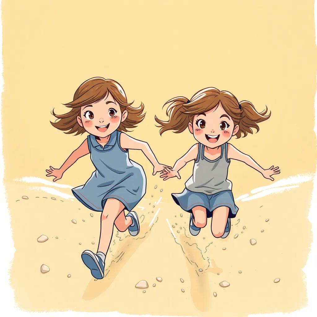 Two girls running to collect more sand, determination on their faces, playful energy, warm sunlight, sandy background, adventure feel, detailed view