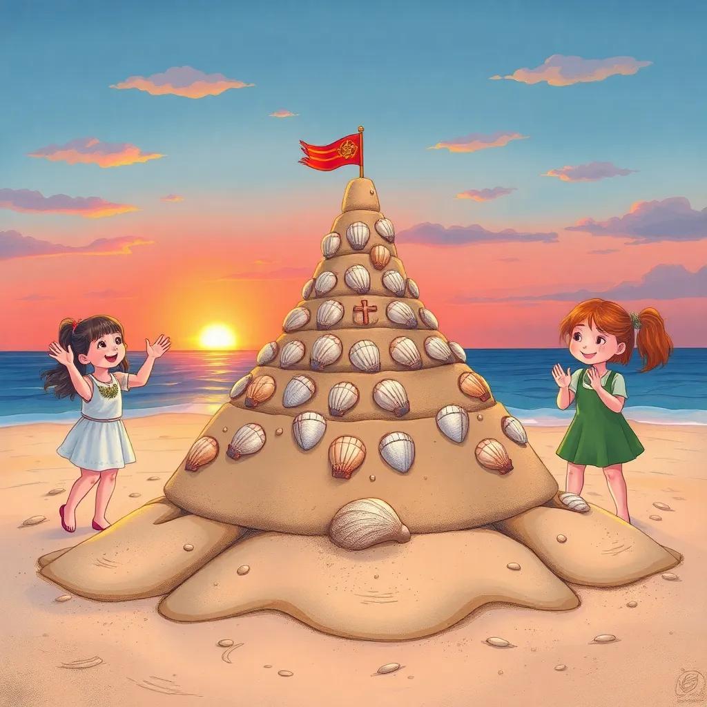 The completed sandcastle with shells attached, girls cheering and clapping, twilight setting, glowing sunset, magical feel, high detail