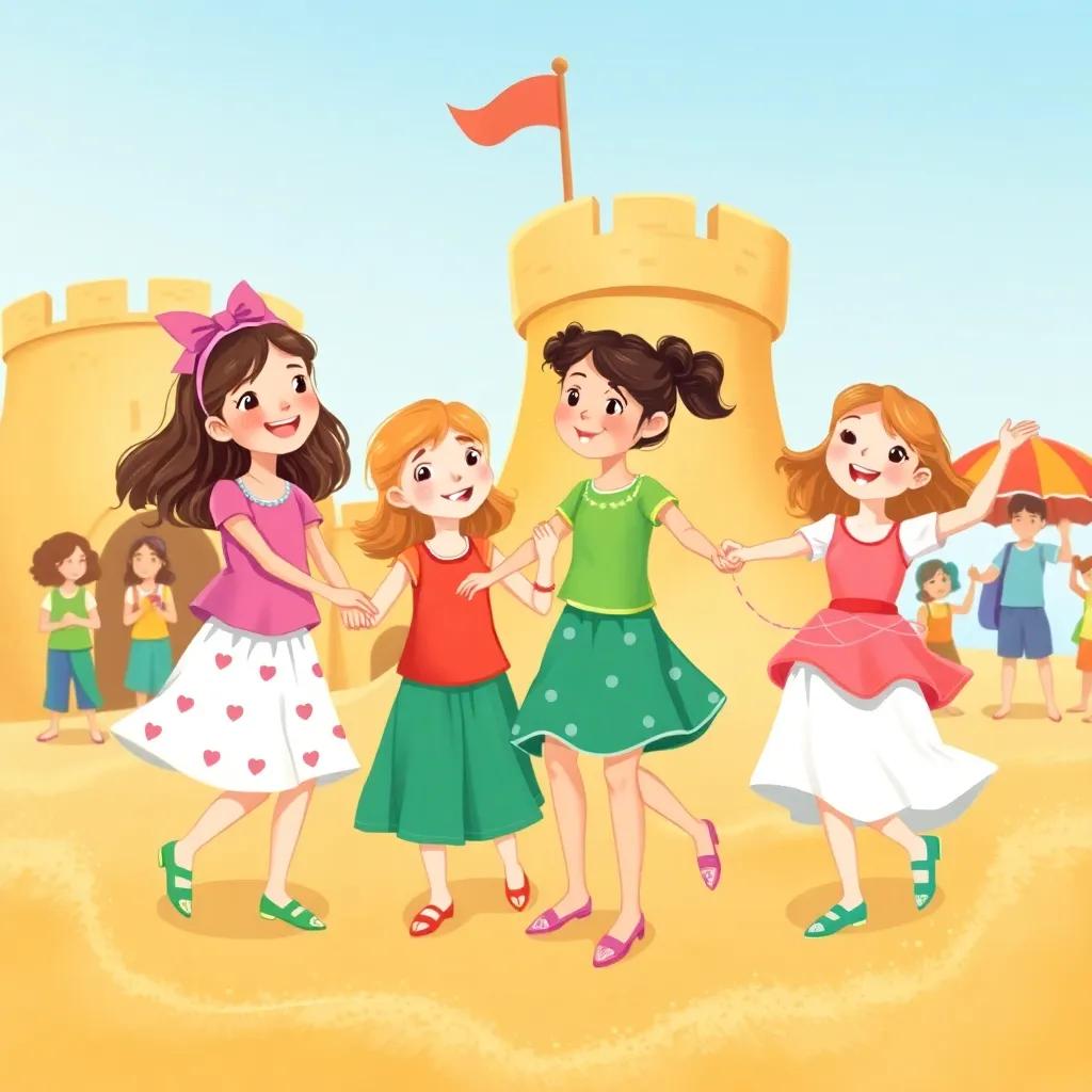 A joyful celebration scene with girls dancing around the sandcastle, hands held together, colorful outfits, warm light, happy expressions, high quality