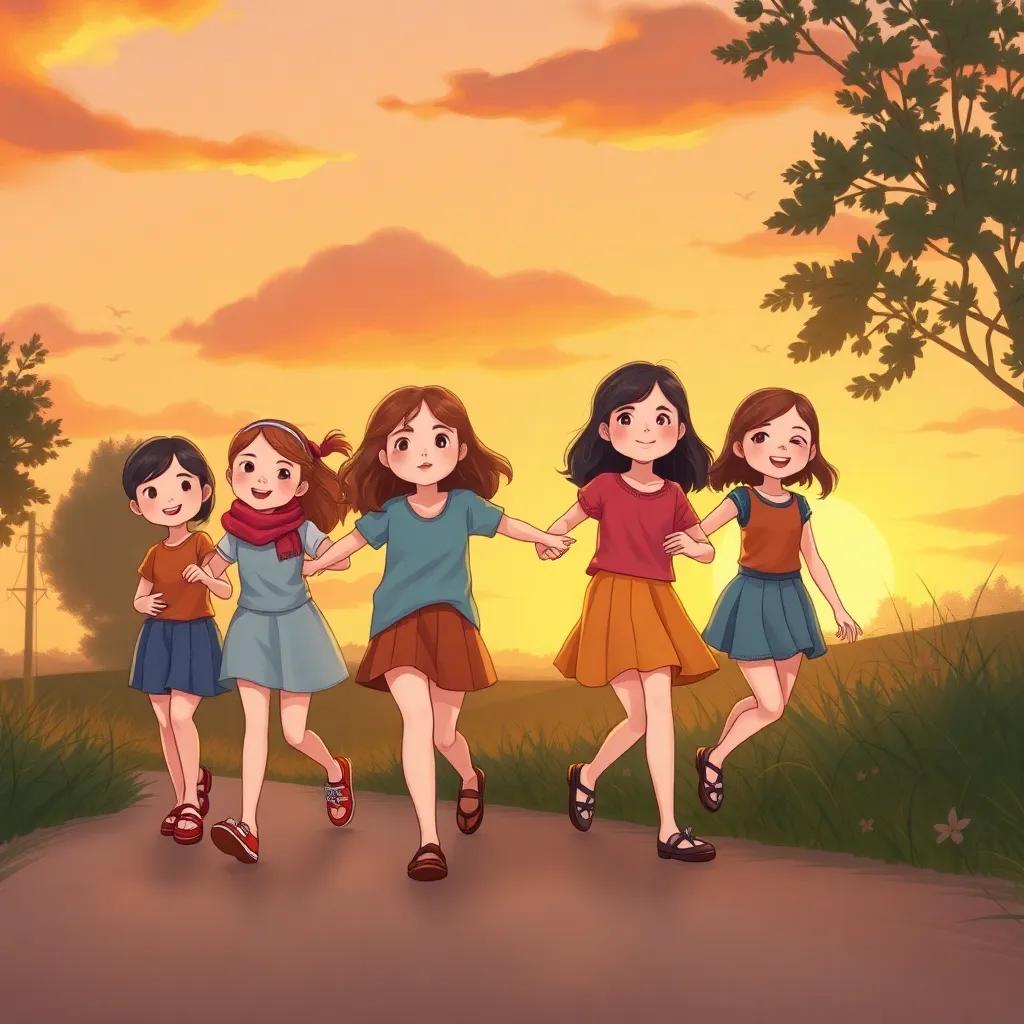 A group of girls walking home together, arms linked, smiles on their faces, sunset background, nostalgic feeling, warm hues, beautifully detailed