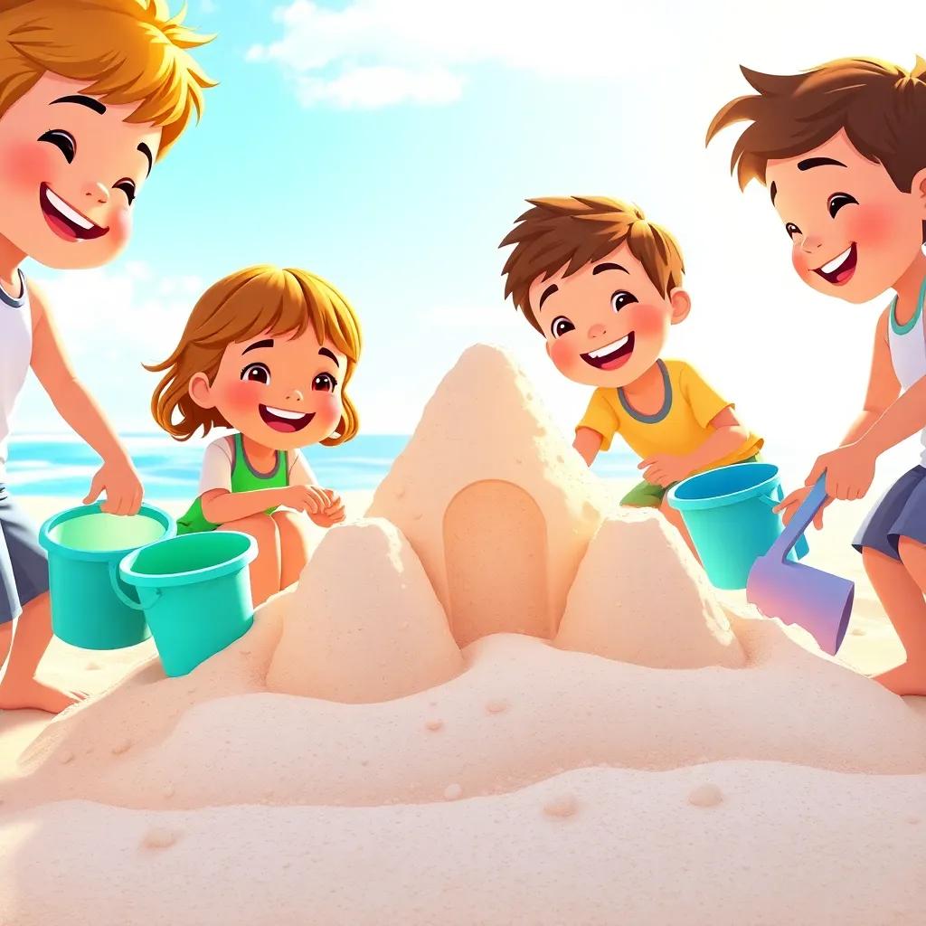 A group of children happily building a sandcastle together, playing in a sunny beach, smiling and working together with buckets and shovels, digital art, bright colors, cheerful atmosphere, high quality