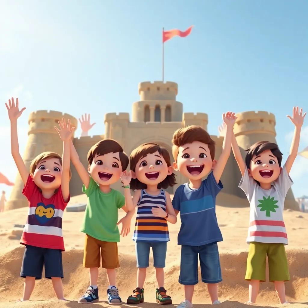 Children cheering and celebrating in front of a large sandcastle, looking proud and excited, sunshine reflecting off their smiles, joyful friendship, child-friendly scene, high quality