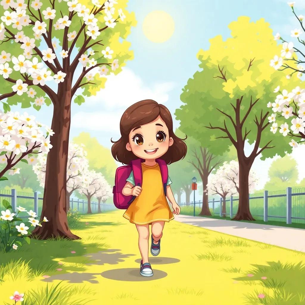 A sunny morning scene of a young girl, Lina, walking to school with a small backpack, smiling and cheerful, surrounded by blooming trees, vibrant atmosphere, colorful, digital art, child-friendly, bright