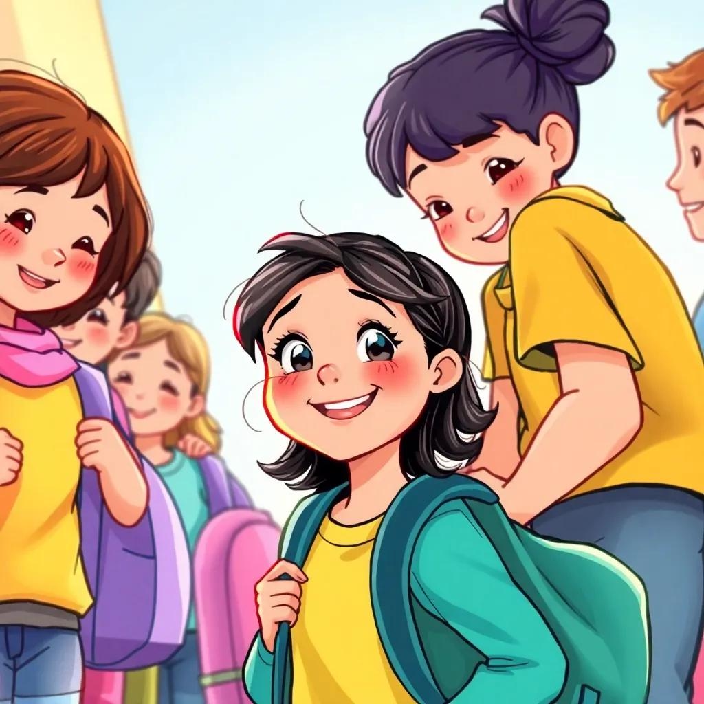 Lina, a young girl with cheerful expression, offering to help Reem carry her heavy backpack, surrounded by supportive classmates, colorful, warm light, friendly atmosphere, high detail