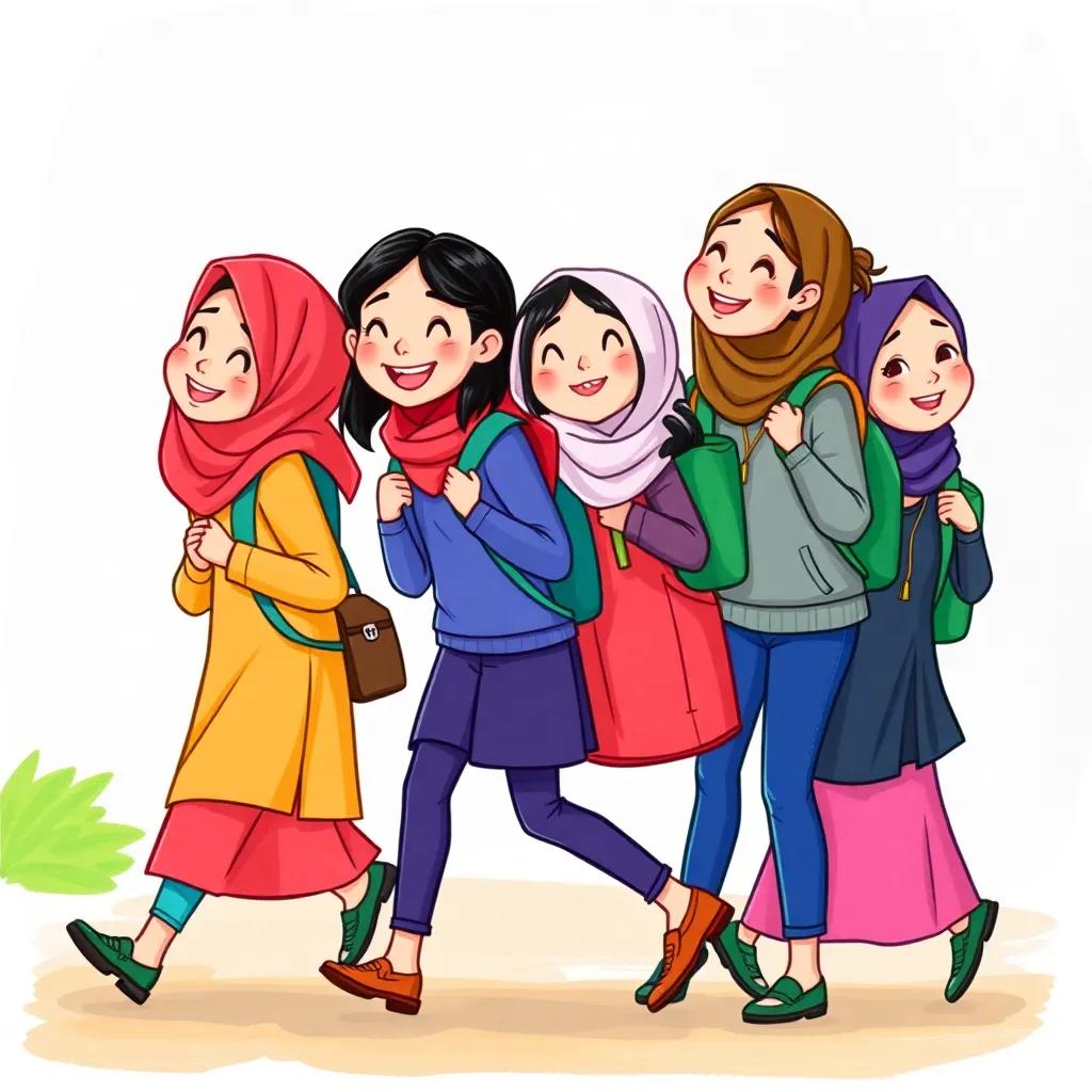 A group of girls, including Lina, Reem, Sarah, Hind, and Maha, joyfully carrying the heavy backpack together, one in front and one at the back, smiling and laughing, school background, vibrant colors, engaging