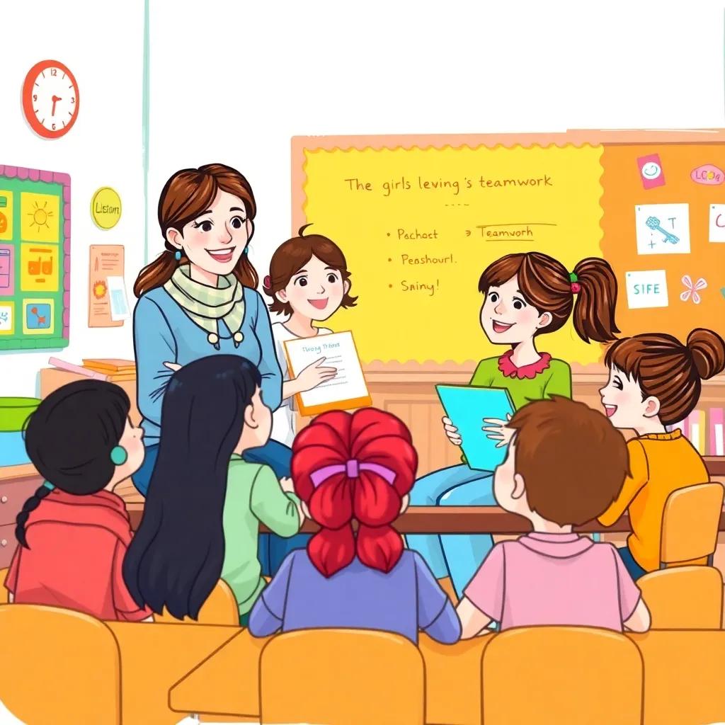 A classroom scene with a teacher listening to the girls' teamwork story with a smile, students laughing together, colorful decorations on walls, child-friendly vibe, bright colors, lively atmosphere