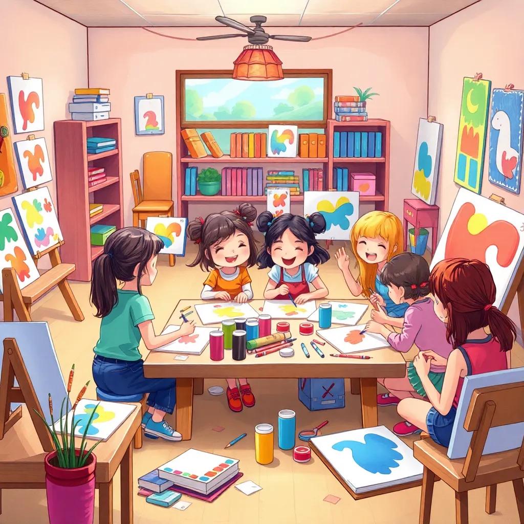 An illustration of a happy classroom filled with students collaborating on an art project, paintings and supplies scattered around, girls working together, vibrant colors, inviting environment, colorful