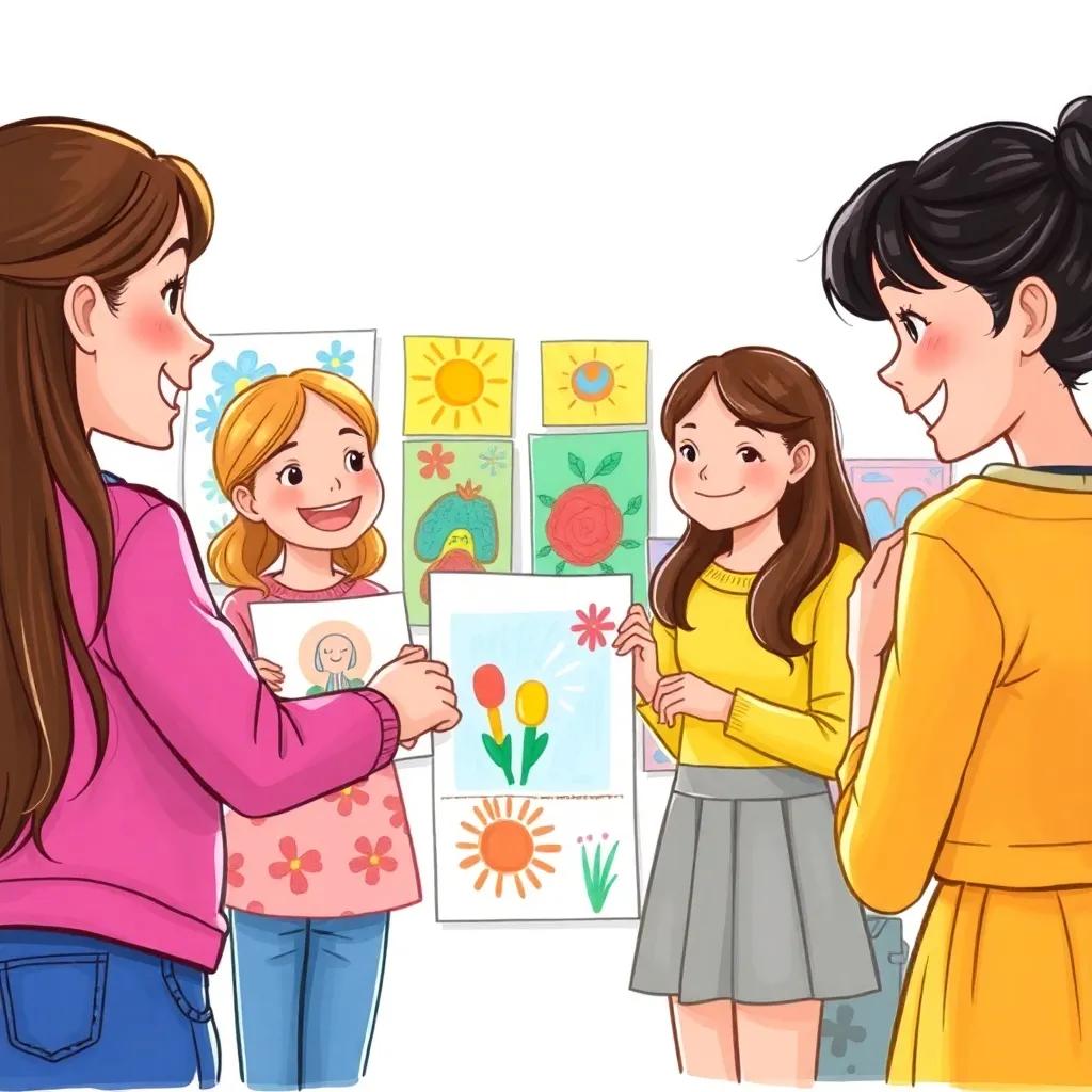 A scene of the girls showing their art project to the teacher, all smiling, and celebrating their teamwork, colorful artworks displayed, joyful atmosphere, bright