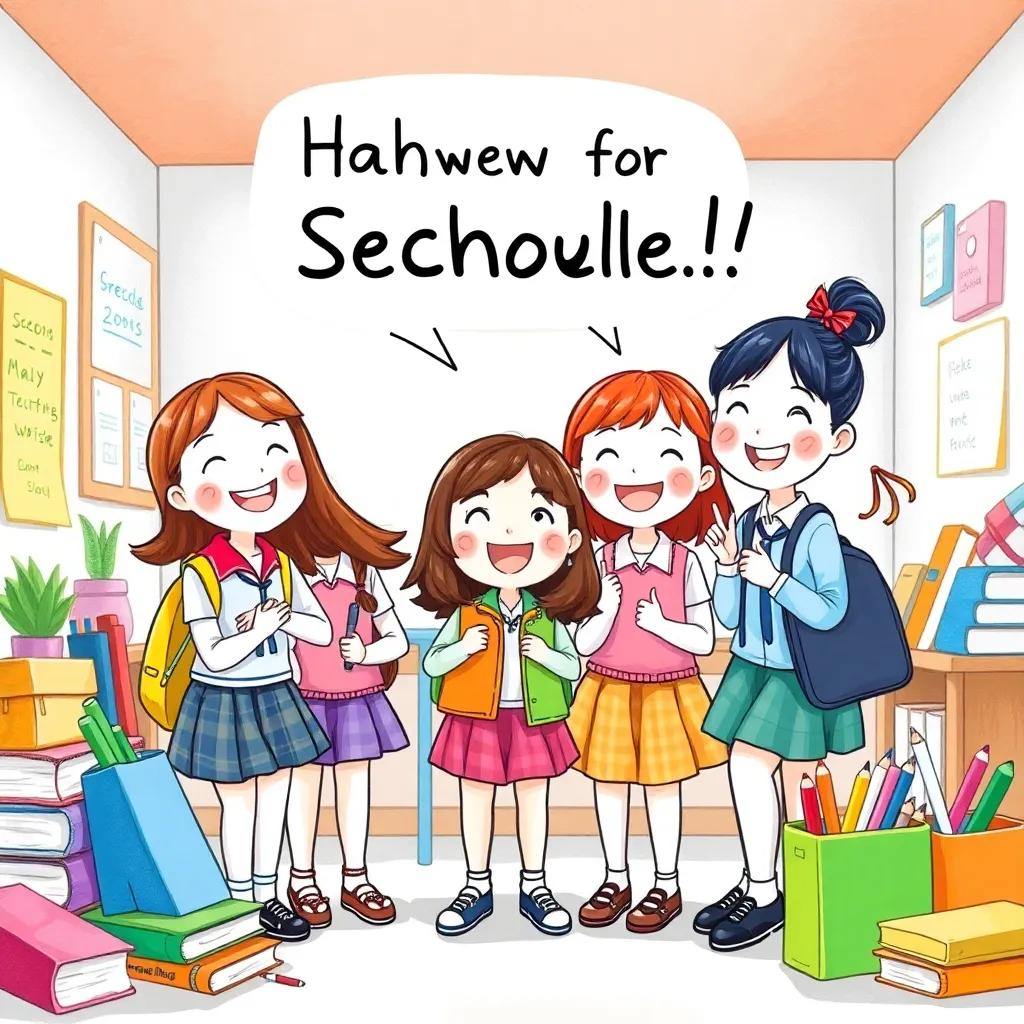 A cheerful school scene where each girl expresses happiness about collaboration, colorful school supplies around them, sunny and engaging, vibrant