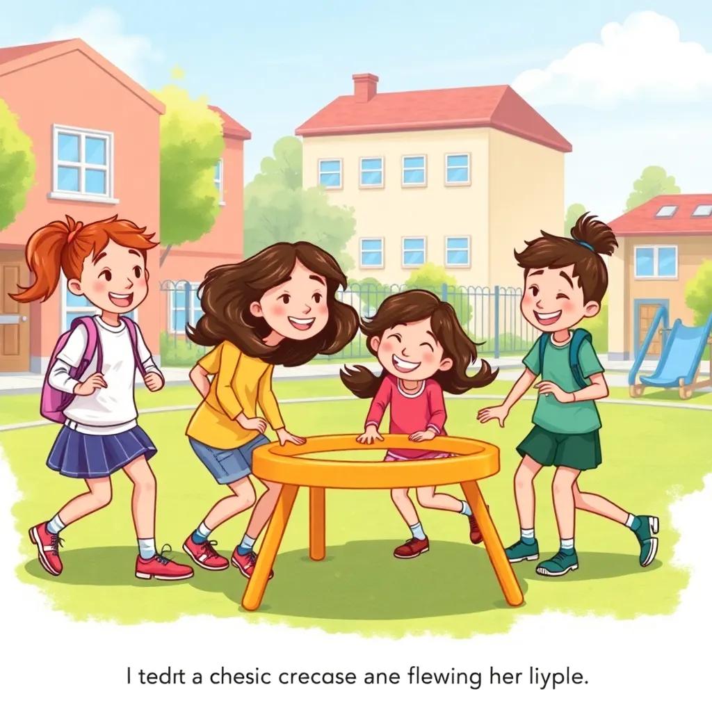 A scenario of Lina and her friends playing on the school playground, all demonstrating teamwork in a game, laughter shared between them, bright colors, lively background, child-friendly